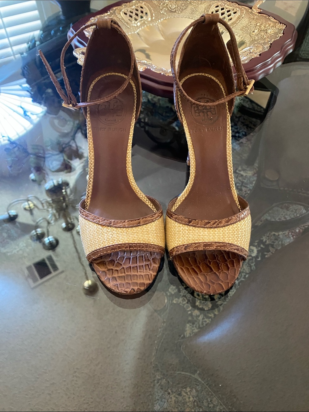 Tory Burch Brown & Beige Woven Leather Ankle-Strap Heels